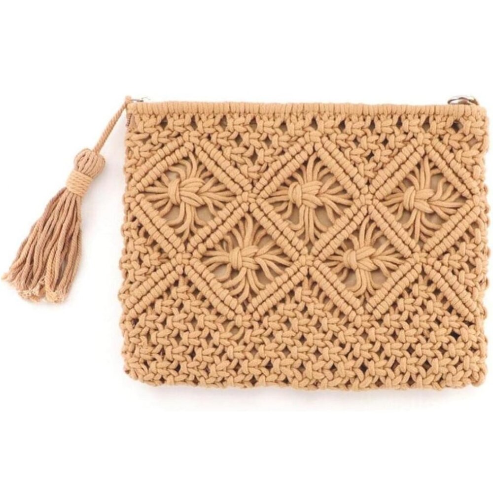 Wanderlust Weave and Tassel Clutch Chic Summer Bag, TAN